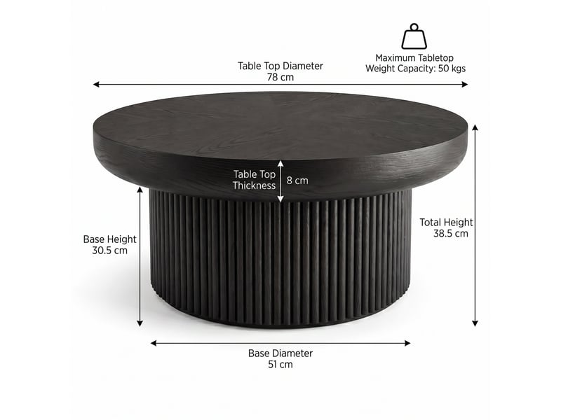  Table basse ronde 78x78x38,5 cm - avec plateau en parquet de bois véritable enchâssé et piétement tambour cannelé – mdf - noir  - Conforama C