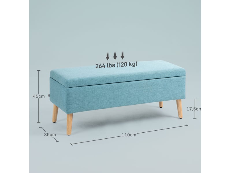  Banc de rangement 110 x 39 x 45 cm bleu, assise rembourrée en polyester, coffre à couvercle relevable  - Conforama C