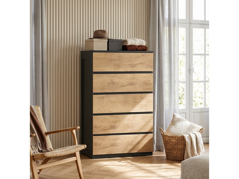  Commode en bois à 5 tiroirs avec poignées rainurées, 60 x 39 x 100 cm, noir et chêne  - Conforama D