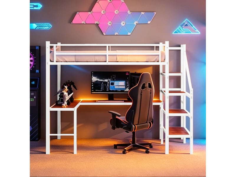  Lit mezzanine 90 × 190 cm 1 place avec bureau d’angle, étagères et escalier de rangement, matelas non fourni  - Conforama C