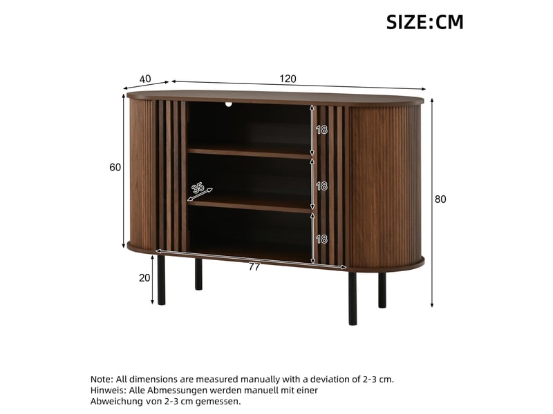  Buffet bas 120 x 40 x 80 cm avec 3 compartiments ouverts, coloris noyer, pieds métalliques réglables, mdf et panneaux de particules  - Conforama C