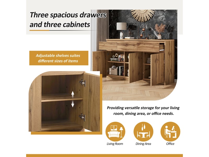 Buffet bois 3 portes 3 tiroirs 135 cm bahut salle à manger couleur naturelle - Conforama W