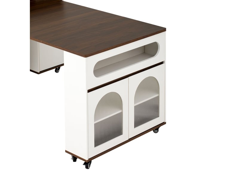  Table extensible table de salle à manger plateau en verre strié roulettes barres de prises tiroir meuble buffet blanc et couleur noyer  - Conforama D