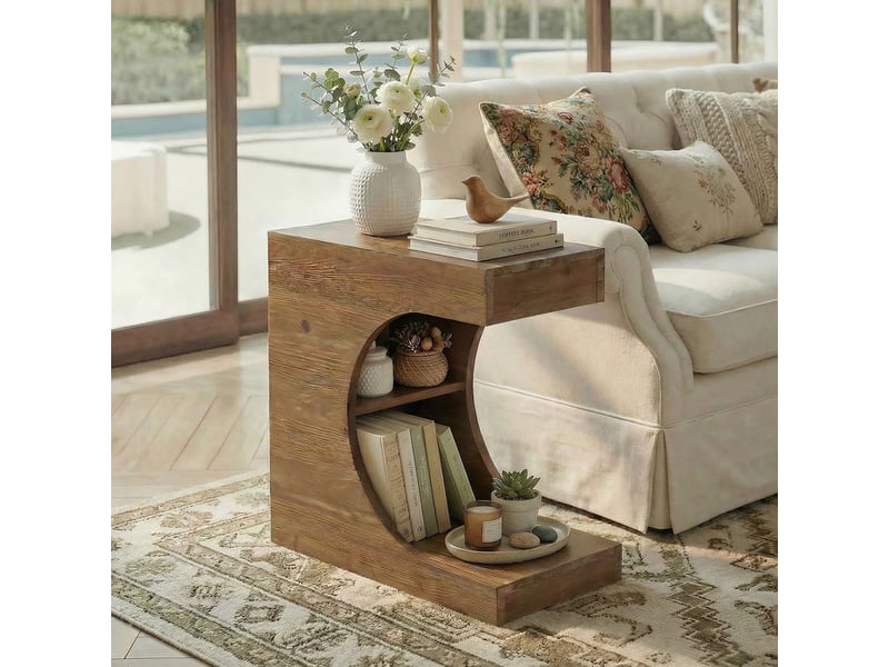  Table d'appoint en bois massif en forme de c, table de chevet moderne avec 2 étagères pour le salon et la chambre  - Conforama D