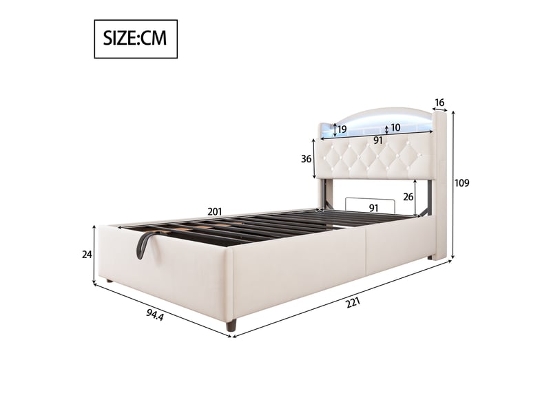 Lit enfant 90x200 cm en velours beige, multifonction avec rangement, led et usb - Conforama C