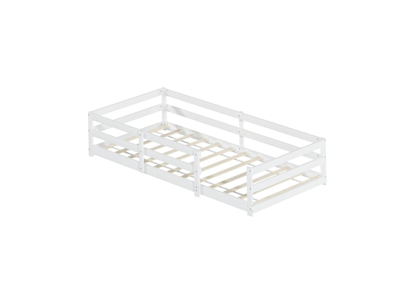 Lit enfant montessori 90x200 cm, lit bas avec barrière de sécurité, lit simple avec sommier, bois, blanc sans matelas  - Conforama A