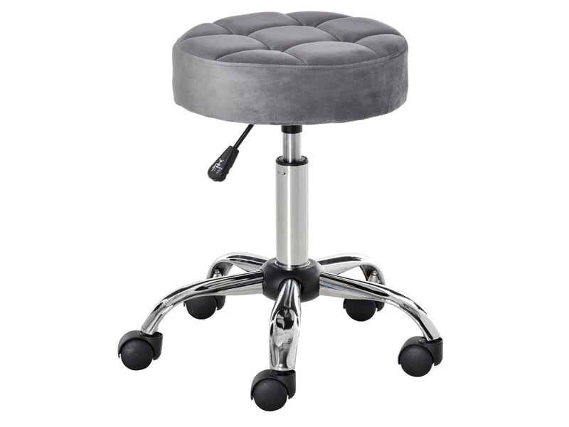  Tabouret de travail à roulettes 35x35x61 cm, pivotant, réglable en hauteur, base en métal chromé, couleur gris clair  - Conforama A