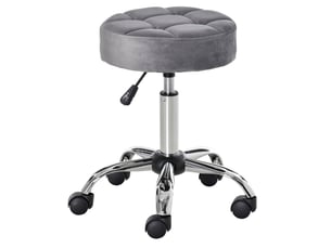 Tabouret de travail à roulettes 35x35x61 cm, pivotant, réglable en hauteur, base en métal chromé, couleur gris clair