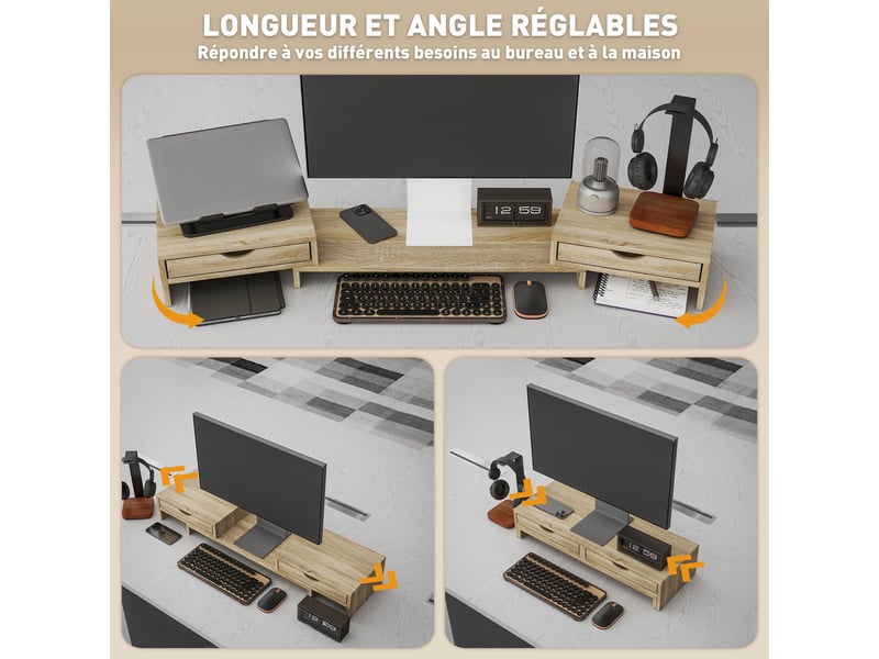  Rehausseur écran pc bureau support d'ordinateur d'écran de 60-116 cm avec 2 tiroirs, longueur et angle réglables  - Conforama A