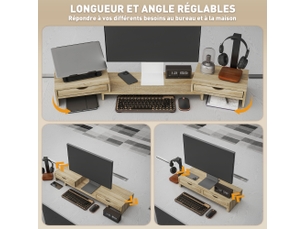 Rehausseur écran pc bureau support d'ordinateur d'écran de 60-116 cm avec 2 tiroirs, longueur et angle réglables