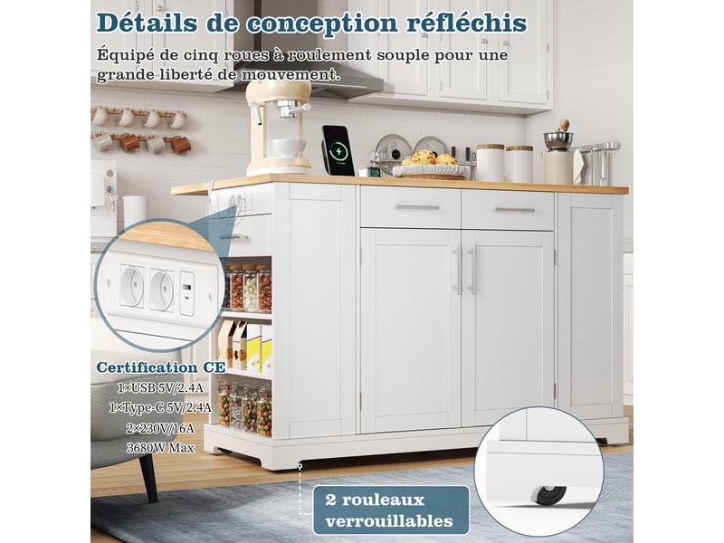 Îlot de cuisine armoire buffet chariot coulissant roulettes deux côtés étagère épices deux portes deux tiroirs blanc et bois - Conforama D