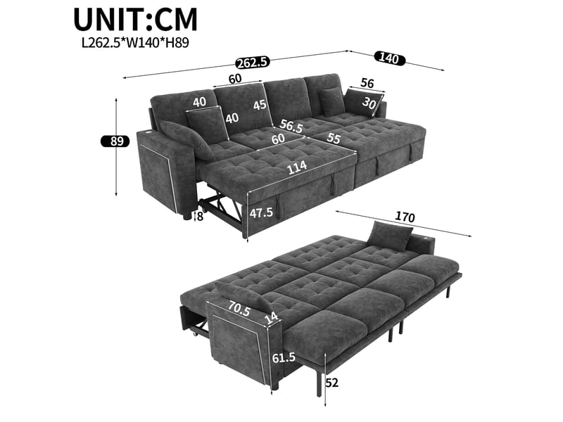  Canapé d'angle convertible 4 places 262,5x140x89 cm chenille gris  - Conforama C