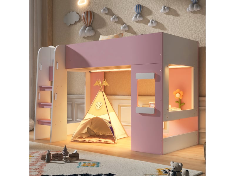  Lit mezzanine en bois 90×200 cm - avec éclairage led - avec petit bureau - avec barrières de sécurité - rose (matelas non inclus)  - Conforama B