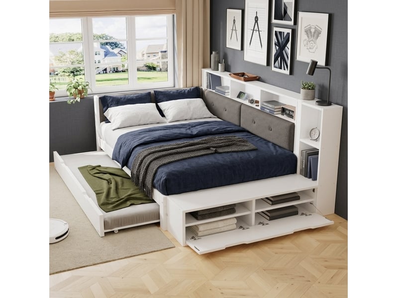  Lit fonctionnel 120 x 200 cm en bois et tissu avec lit gigogne, rangement et station de charge blanc et gris chicfurn  - Conforama C