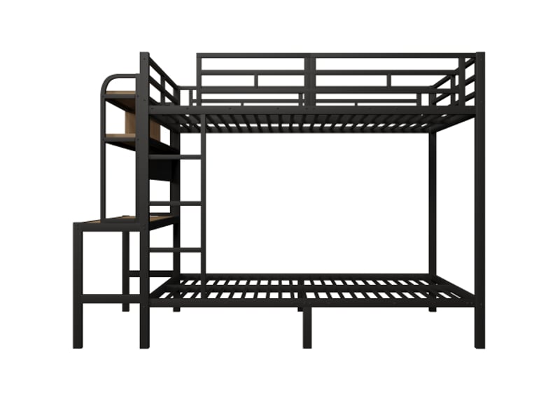  Lit superposé 140x200 cm - cadre fer noir - bureau intégré, étagère, ledusb, garde-corps, échelle - sans matelas  - Conforama A