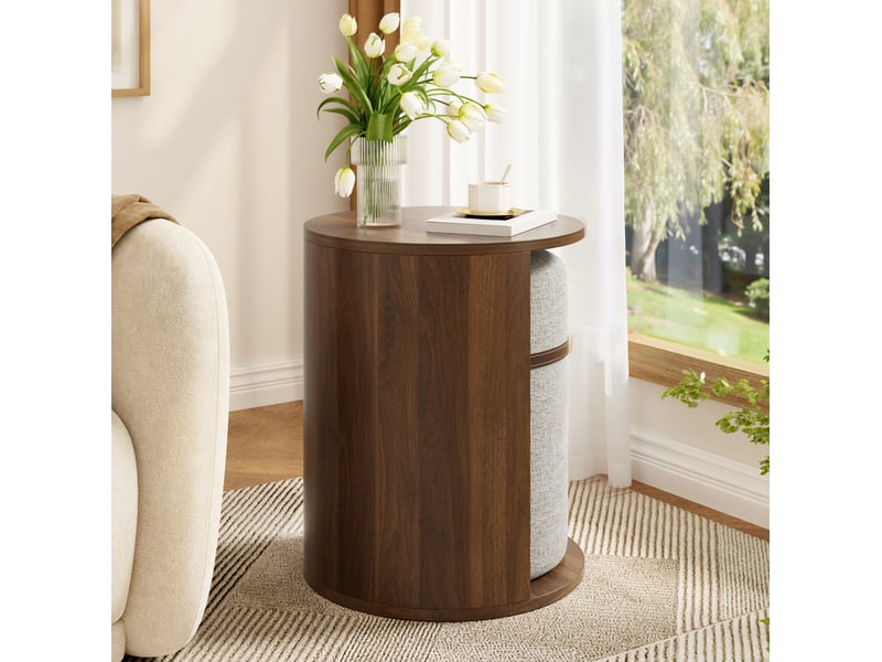  Table basse ronde avec tabouret rembourré intégré, gain de place pour salon, en mdf noyer 38 × 38 × 47,5 cm  - Conforama D