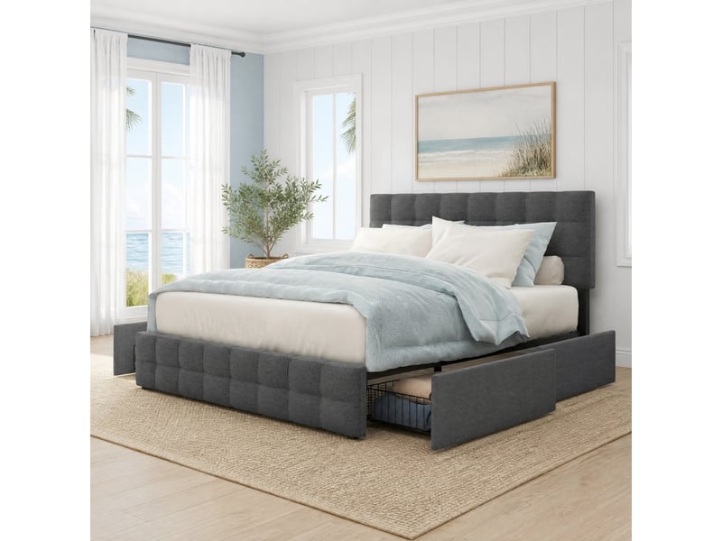  Lit coffre 140x200 cm avec 4 tiroirs, tête de lit réglable, gris en lin  - Conforama B