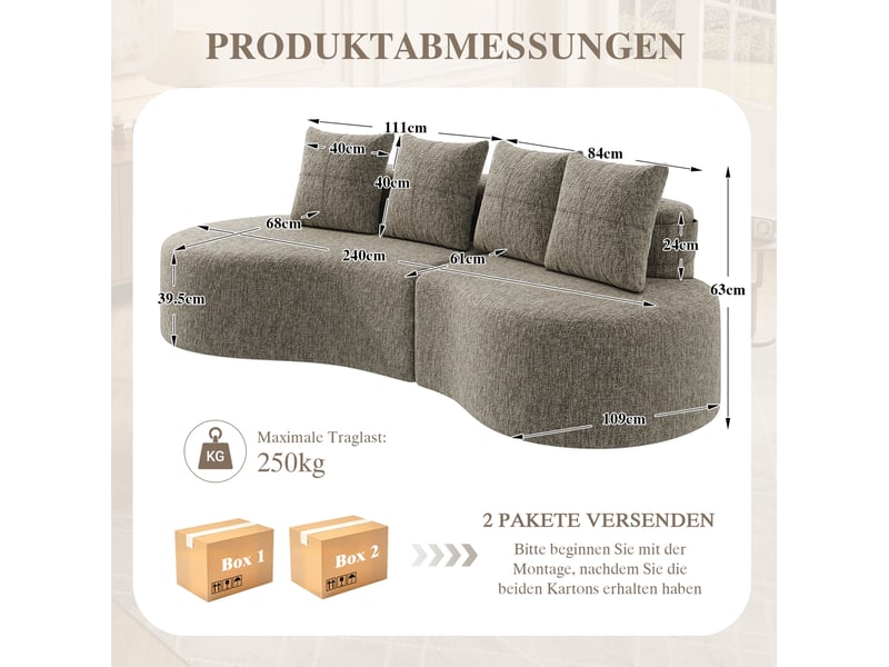  Canapé 4 places en tissu de lin kaki avec 4 coussins, porte-gobelet et poches latérales  - Conforama E