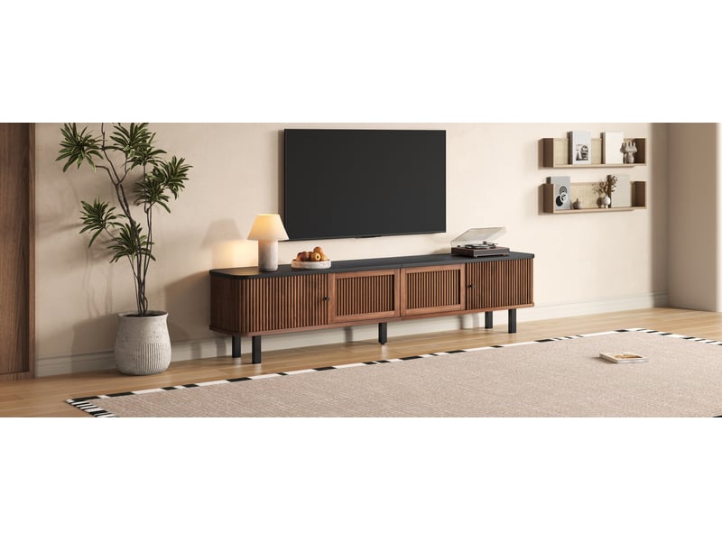  Meuble tv avec 2 portes coulissantes, porte grillagée et niches de rangement pour salon, noyer, 190 × 35 × 45 cm  - Conforama C