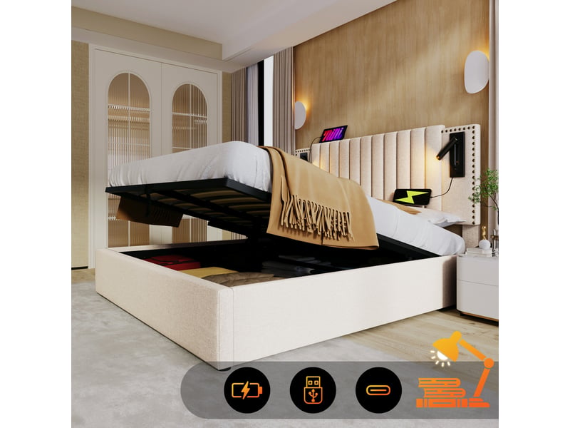  Lit coffre double 200×160 cm avec liseuse et ports usb, sommier et matelas inclus, revêtement en coton beige  - Conforama B