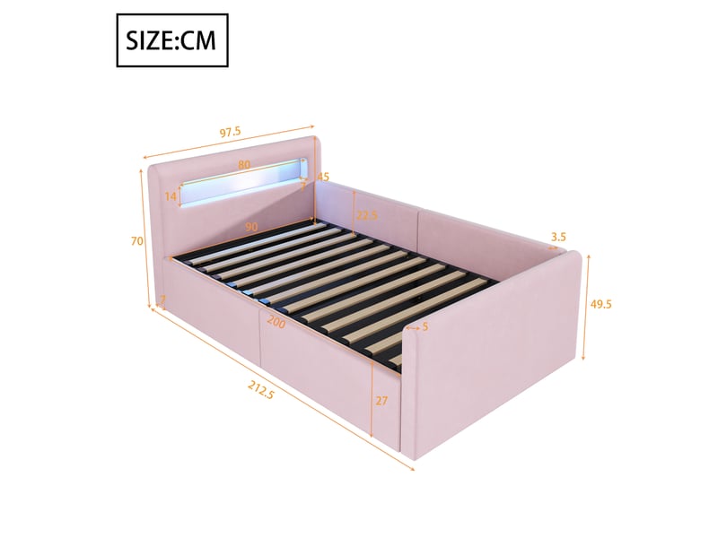  Lit enfant 90x200 cm avec rangement hydraulique, led et usb en velours rose  - Conforama E