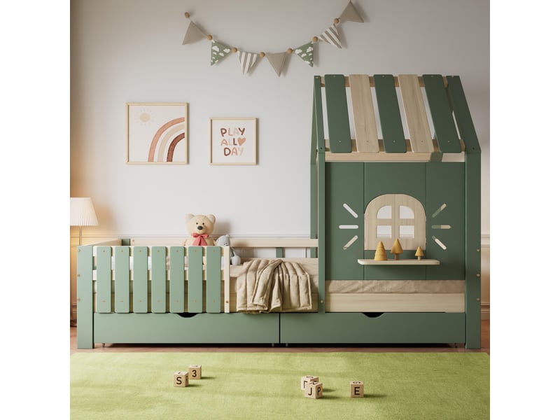  Lit enfant 90x200 cm, lit cabane avec toit et fenêtre de sécurité, barrières de protection sur 4 côtés et 2 tiroirs en pin, vert et naturel  - Conforama C
