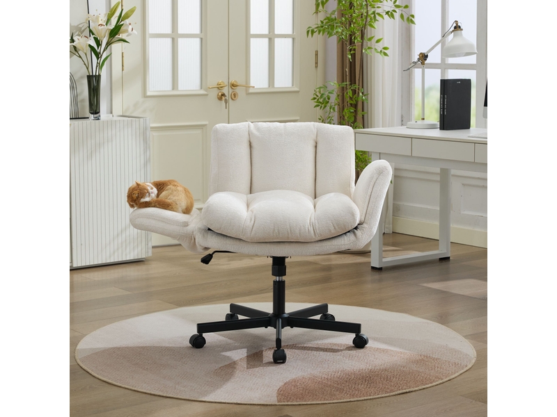 Fauteuil de bureau ergonomique 57,5x60x92,5 cm beige crème - chaise de bureau pivotante en chenille avec double coussin et accoudoirs réglables - Conforama C