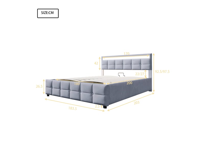  Lit coffre gris velours 180x200 led, sommier à lattes, ouverture hydraulique  - Conforama C