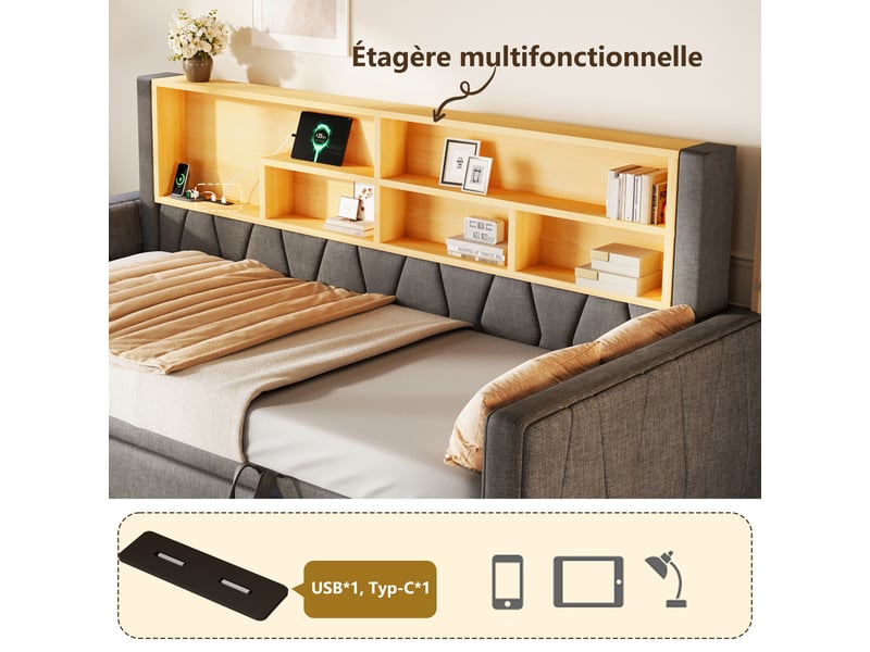  Canapé-lit 90 × 200 cm + 180 × 200 cm – avec bande led – avec prise électrique – revêtement en tissu lin – gris (matelas non inclus)  - Conforama R