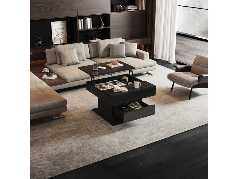  Table basse relevable avec 1 tiroir, plateau pivotant à 360°, rangement dissimulé, pour salon, 70 × 70 × 45 cm  - Conforama C