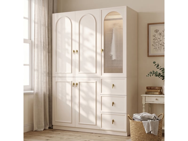  Armoire dressing 135x48x200 cm avec led, 5 portes, 3 penderies, 3 tiroirs, porte en verre cannelé cintré, poignées dorées, mdf blanc  - Conforama C