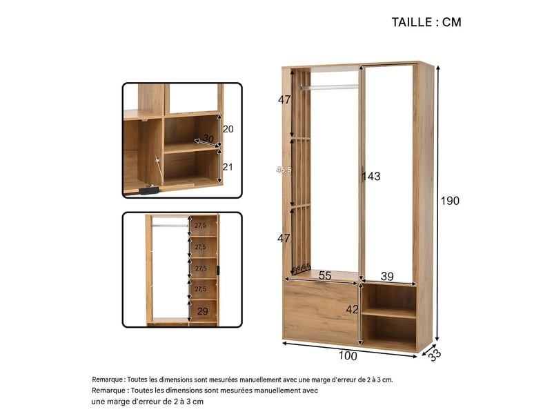  Vestiaire d'entrée avec miroir et penderie en panneau de particules 100 x 33 x 190 cm N625P307325326N - Conforama C