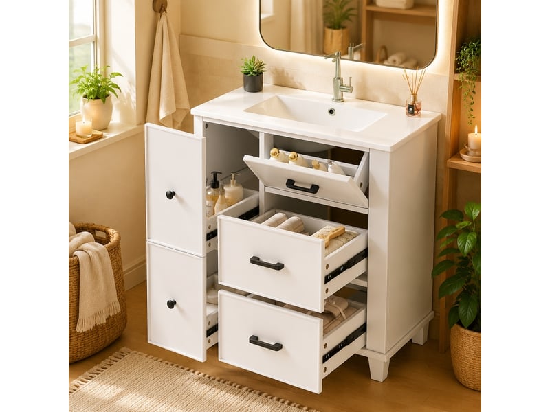 Meuble salle de bain sur pied avec lavabo en céramique intégré, meuble vasque blanc 76 cm, 4 tiroirs, mdf laqué - Conforama C