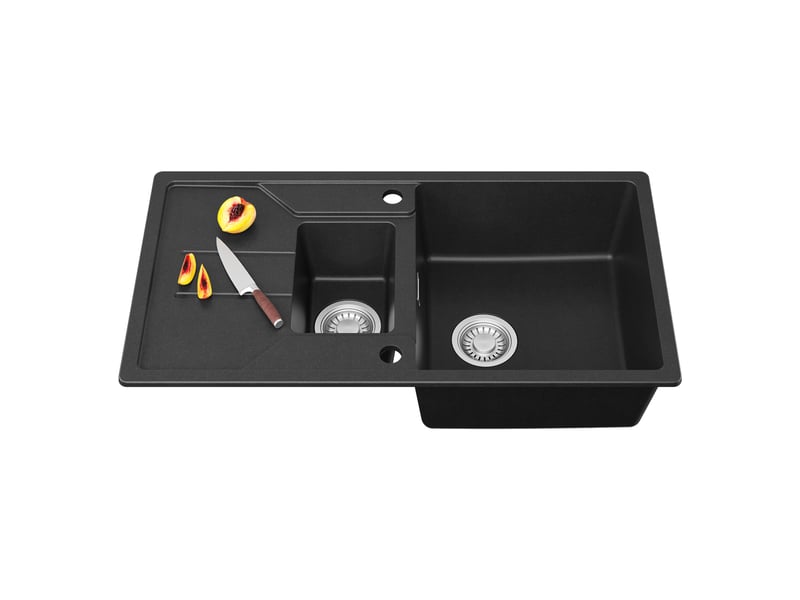 Cecipa max évier avec trou de robinet - évier de cuisine en granit 86x45cm - évier 1,5 bac - avec panier égouttoir et système d’évacuation - 80 % sable de quartz - noir - Conforama A