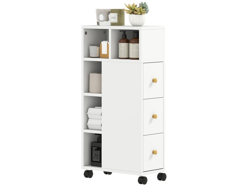  Meuble de salle de bain à roulettes, meuble de rangement étroit, 3 tiroirs, 5 compartiments ouverts, blanc,  20x40x80cm  - Conforama B