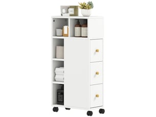 Meuble de salle de bain à roulettes, meuble de rangement étroit, 3 tiroirs, 5 compartiments ouverts, blanc,  20x40x80cm