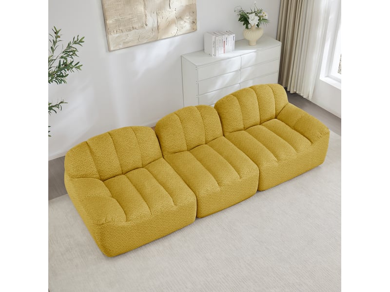 Canapé droit modulable 3 places en tissu bouclette jaune, sans structure, idéal pour le salon familial - Conforama E