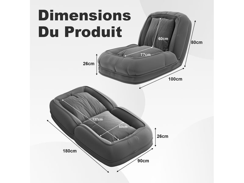  Canapé-lit pliable convertible 80x22x87 cm, avec 5 positions réglables, ergonomique, structure en métal, couleur gris  - Conforama C