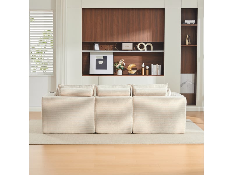 Canapé modulable 3 places en velours côtelé beige avec pouf - 256x161x75cm - porte-gobelet et poches - Conforama W