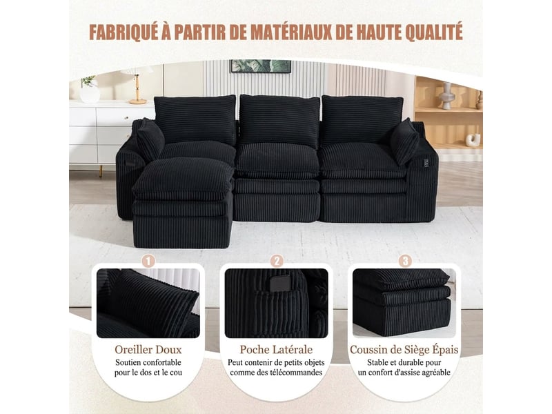 Canapé modulaire 3 places avec pouf angle réversible 263 x 167 x 85 cm velours côtelé noir - Conforama W
