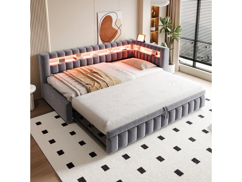  Lit gigogne banquette 90x200 cm en velours avec led, ports usb et type-c, tête de lit et dossier avec rangements, gris foncé  - Conforama C