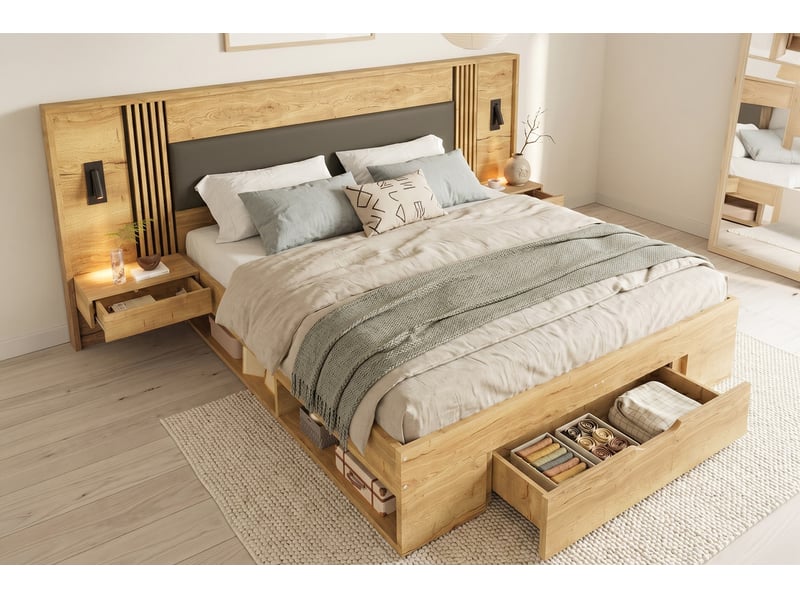  Lit adulte 180x200 cm avec rangements, lampes de lecture, 2 chevets, tiroirs, matelas inclus - naturel  - Conforama D