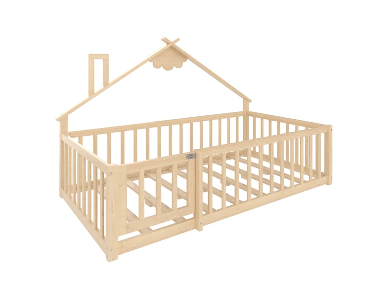 Lit enfant 90x190 cm en pin naturel, style maison, barrières avec fermeture, design sécurisé - Conforama E