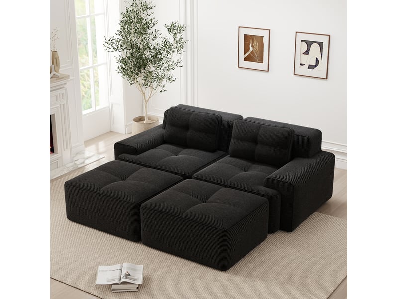  Canapé modulable 2 places 204x177x69 cm avec ottomans en velours côtelé noir  - Conforama B