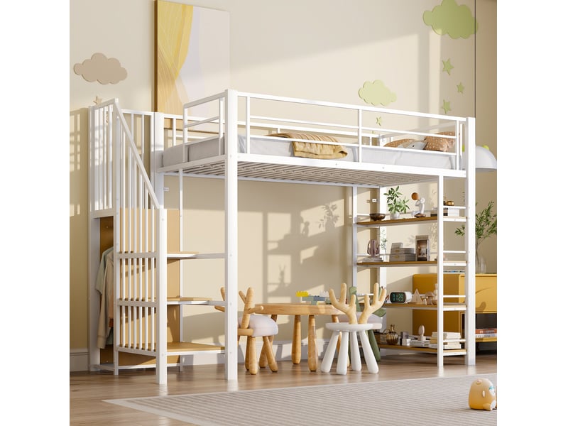 Lit mezzanine enfant 90x200 cm – blanc – escalier sécurisé, rangements et penderie intégrés – sans matelas - Conforama B
