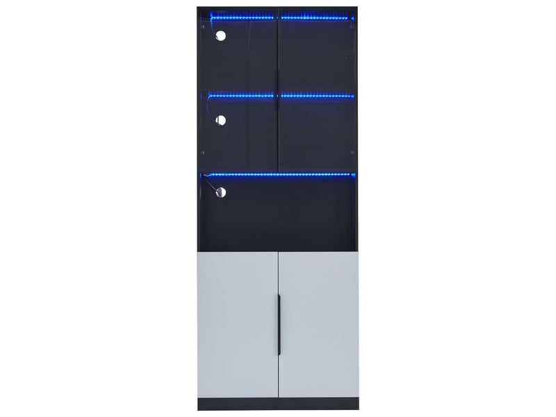 Vitrine salle à manger 80x30x200, rangement pièces collection buffet salon, led intégrées réglables, portes blanches décor noir - Conforama A