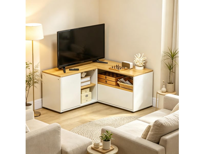  Meuble tv d’angle tcqpz 90 x 90 x 45 cm 5 espaces de rangement panneaux de particules blanc et bois clair  - Conforama B
