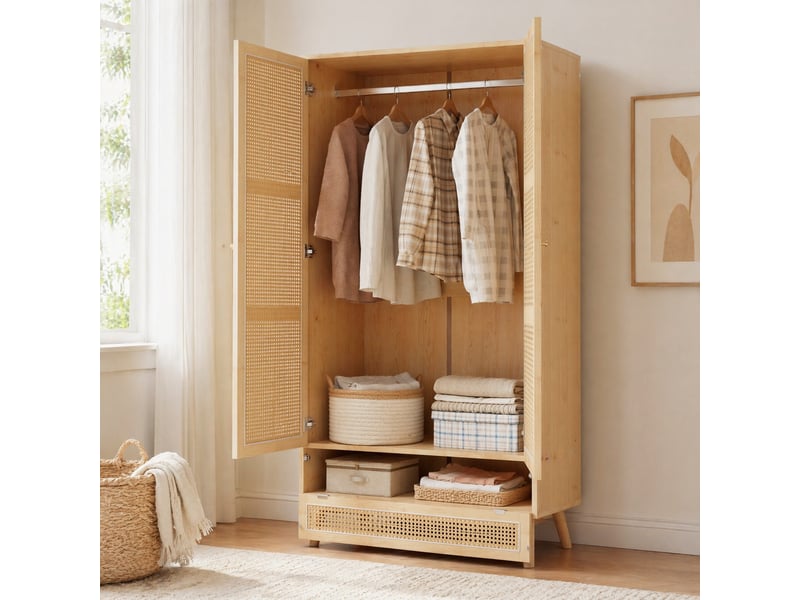  Armoire 2 portes avec penderie et rangement bas, 90 x 45 x 183 cm, naturelle  - Conforama B