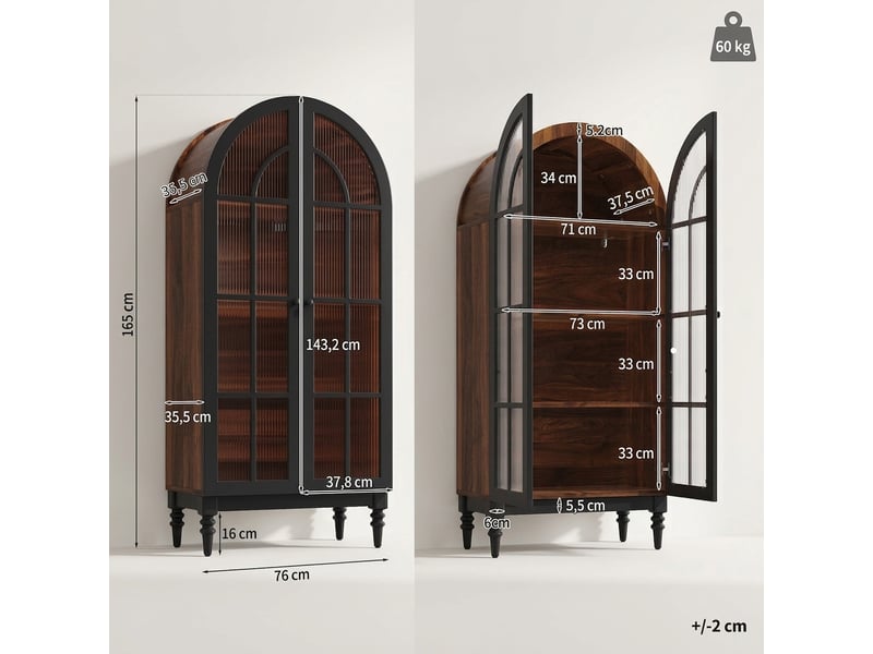  Buffet de cuisine haut 152x35,5x165 cm noir avec portes en verre et rangements  - Conforama C