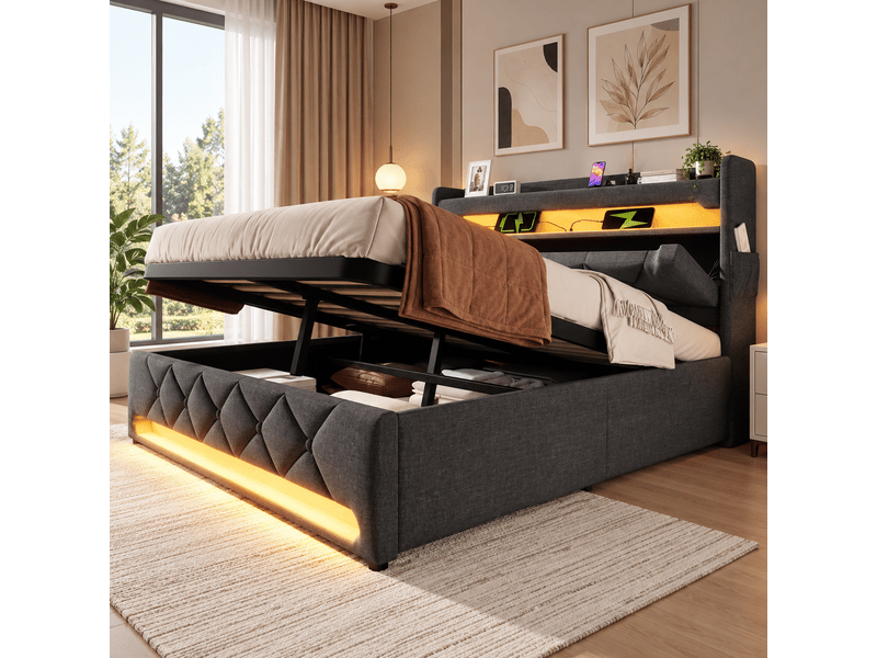 Lit coffre rembourré 140 x 190 cm, rangement hydraulique, tête de lit avec rangement, usbtype-c, led 360°, lin, gris Bliss Lite - Conforama D